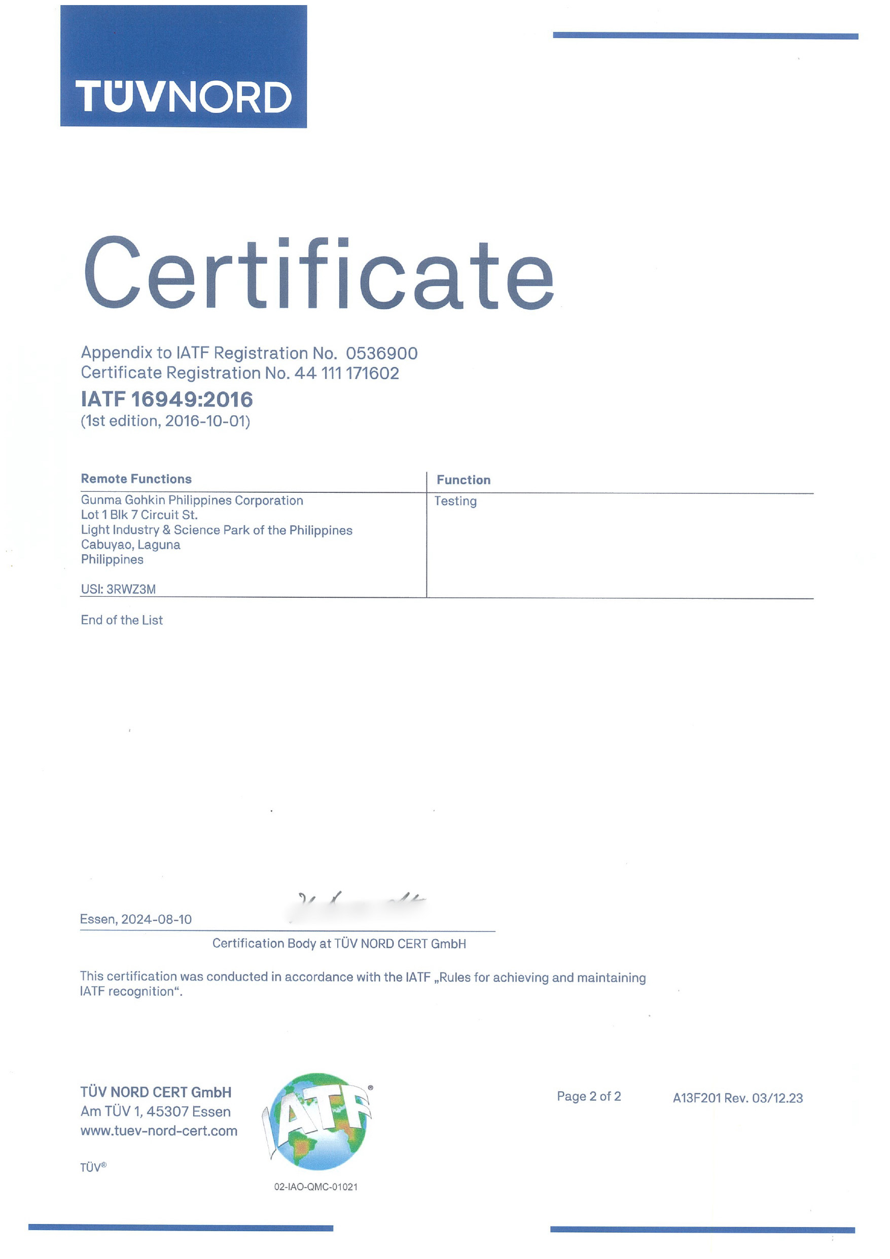 IATF 16949 Certificate